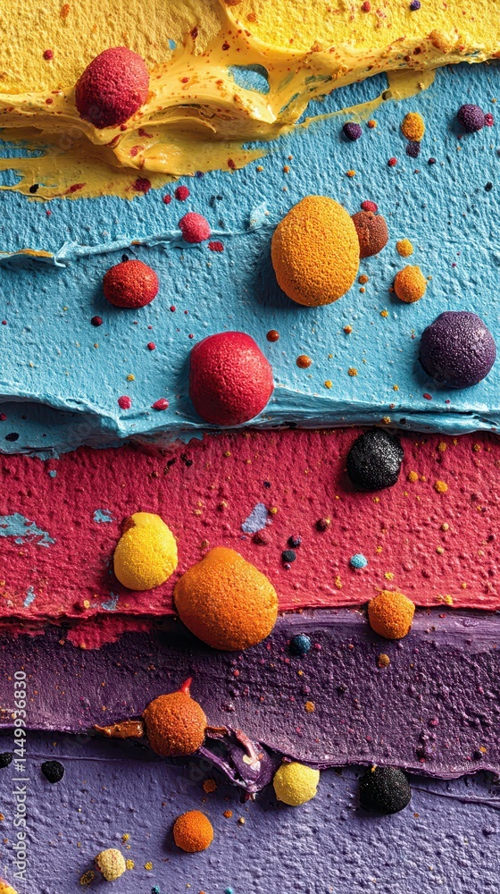 Poster colorful layers of textured paint with vibrant dots on the surface creating an abstract artistic dis