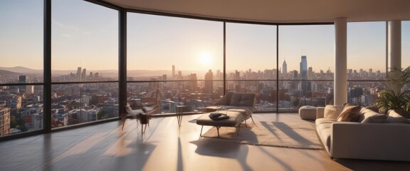 Fototapeta premium Sun-drenched modern apartment, panoramic city view, elegant, real estate, contemporary