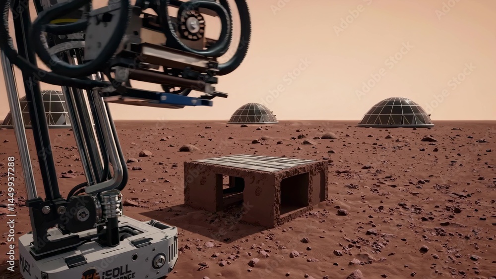Aufkleber futuristic robotic arm constructing a habitat on mars, surrounded by geodesic domes, utilizing advan