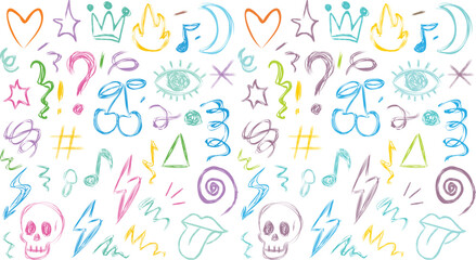 Vibrant Kid Doodle Elements Fun Hand Drawn Icons Background, Kid hand drawn background 