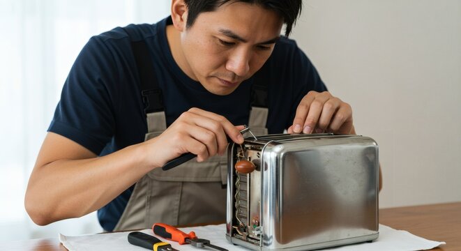 Man repairing a toaster with tools on a white surface in a well lit room with natural light