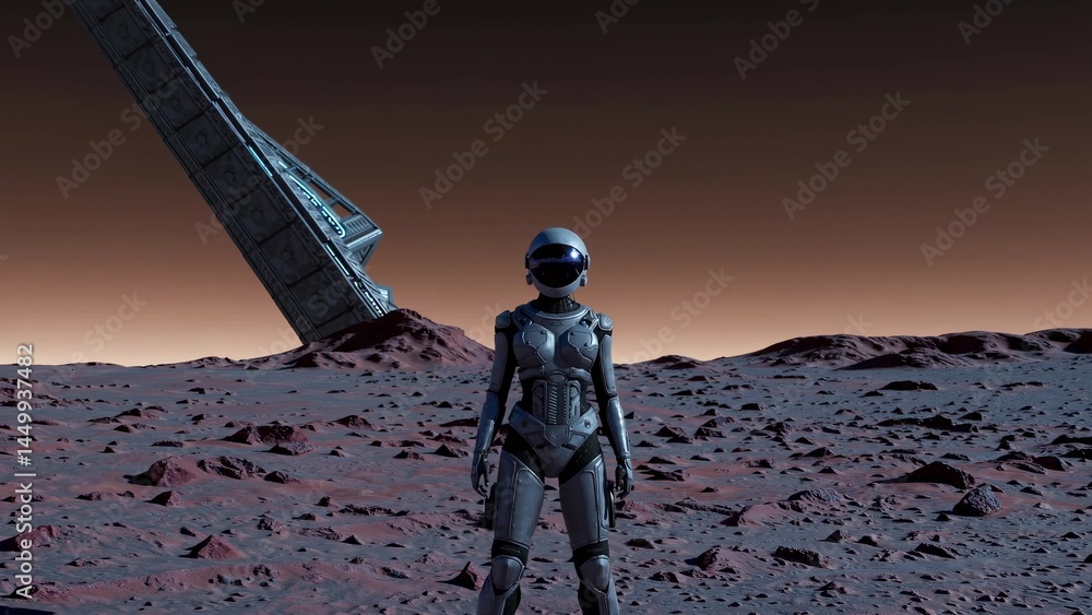 Poster female astronaut wearing spacesuit exploring desolate alien planet surface after surviving spaceship