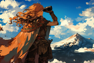 冒険者が富士山を眺める勇ましい構図

