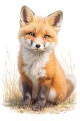 A cute, orange fox sits in the grass, facing the viewer, with big, round eyes