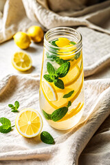 Fototapeta premium Stylish Infused Water with Turmeric, Lemon & Mint – Neurodegenerative Disease Prevention and Natural Anti-Inflammatory Drink Concept