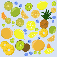 background with citrus fruits, citrus fruit set. Summer fruit cocktail. Slices and whole pieces of fruit for cocktails and refreshing drinks. Stickers, decals, icons