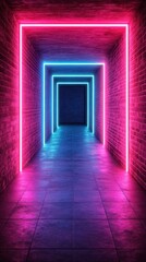 Vibrant neon-lit corridor with glowing pink and blue lights in a modern urban setting at night