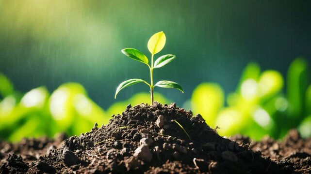 Tiny plant lying on a heap of soil.