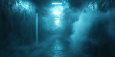 Atmospheric corridor shrouded in fog with glowing lights illuminating the path ahead