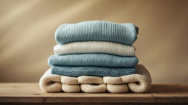 Casual sweaters stacked on a table against a backdrop. Space for text.