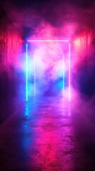 Neon lights illuminate a foggy corridor with vibrant colors and an immersive atmosphere at night