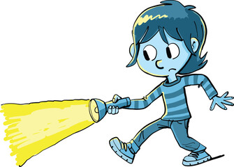 boy with a flashlight walks through the darkness and lights his way