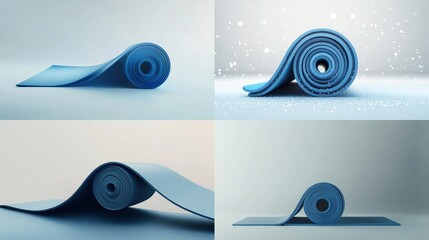 Rolled-up blue exercise mats, multiple angles