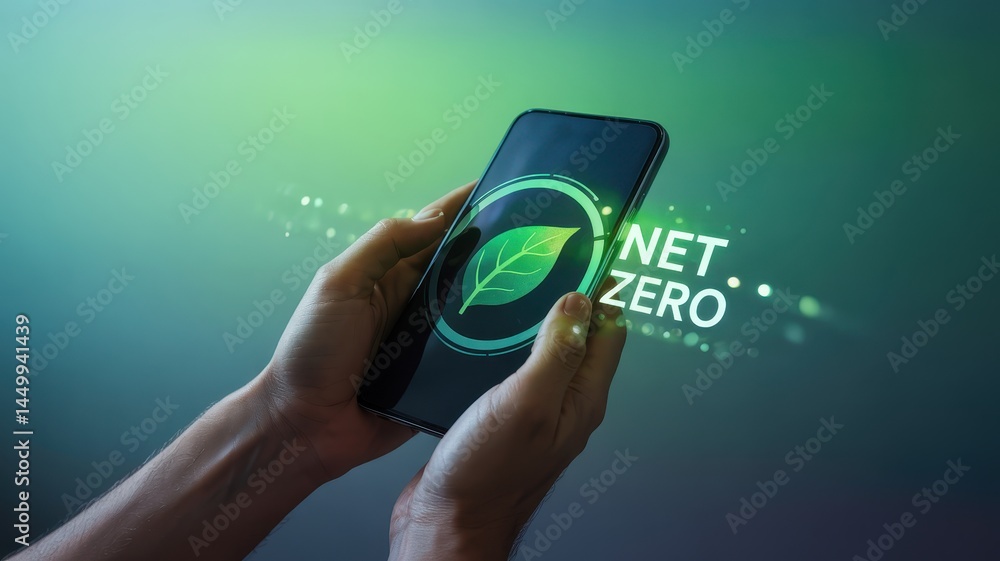 Poster hands holding a phone displaying a net zero symbol.