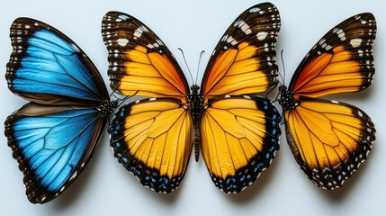 Obraz premium Three butterflies in blue and orange tones arranged