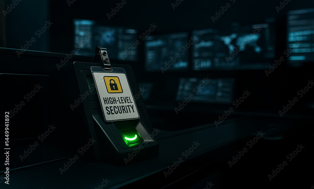 Poster a high-level security badge activates an access terminal in a futuristic control room full of digita