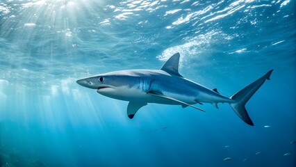 Fototapeta premium Oceanic Predator: A sleek, blue shark gracefully glides through sun-dappled waters, a powerful image of marine life in its natural habitat.