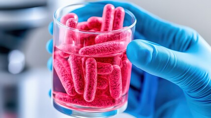 Gloved Hand Holding Glass of Pink Probiotic Capsules in Lab Setting