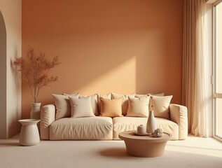 Open-space with apricot crush and soft sand palette — apricot sofa, soft sand walls, warm light, natural textures, ceramics