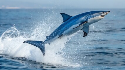 Fototapeta premium Great White Shark Leaping: A majestic great white shark, powerful and sleek, leaps out of the ocean in a spectacular display of aquatic power, leaving a trail of cascading water in its wake.