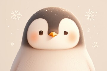 Fototapeta premium A cute penguin with rosy cheeks stands amidst winter's snowy delight