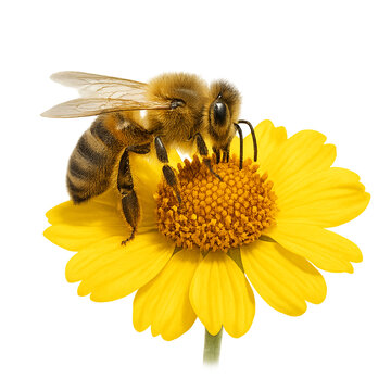 A honeybee on a yellow flower, isolated on transparent background PNG