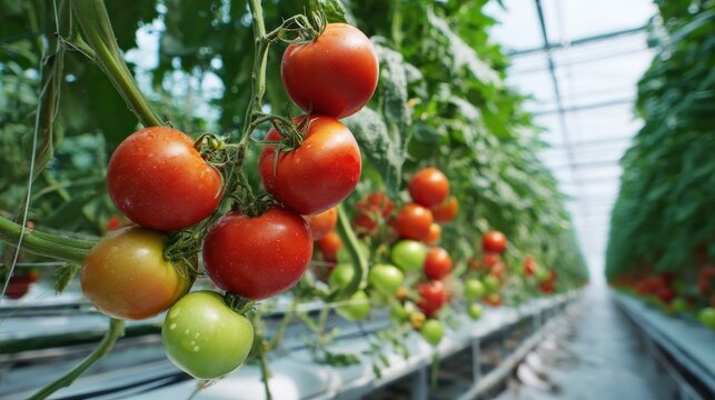 Ripe red tomatoes growing on the vine in a greenhouse.  A bountiful harvest in the making.