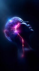 A visionary artwork depicting a human standing tall as their head transforms into a vast, ethereal brain of mist and electricity.
