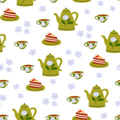 Seamless pattern with teapot, mug, flowers and delicious cake. Warm morning beverage, teatime. Flat graphic tea vector illustration on a white background. 