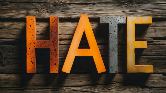 The word Hate embossed in letterpress style on a wooden background.