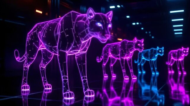 Neon holographic blue and purple panthers walking in formation through a dark cyberpunk corridor with reflections and flickering lights. concept of digital predators and cyber threats