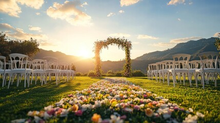 Obraz premium Romantic Outdoor Wedding Ceremony at Sunset with Floral Arch and Petal Pathway