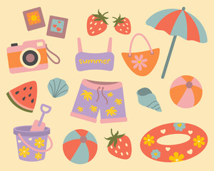 Summer beach vacation elements. Cute flat set with swimsuit, camera, watermelon, shorts, strawberry, toys, umbrella, ball, float, seashells. Fun colorful holiday design for travel and kids.