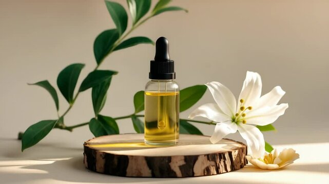 Clear glass dropper bottle filled with serum or oil, situated on a wooden surface in sunlight with a softly focused flower. Flat lay. Display of natural cosmetics.