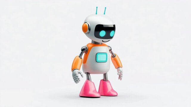A cheerful, waving robot character with a friendly design in a vibrant color palette, perfect for children's tech themes.