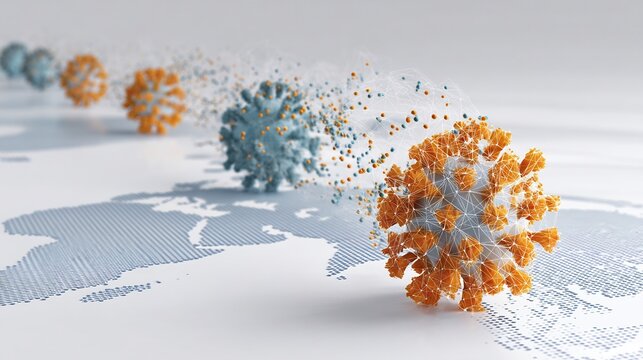 Conceptual visualization of emerging or re emerging infectious disease focusing mutation of virus virus shown changing structure digital map highlighting global spread background minimal clean white