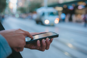 Social media marketing concept. hand using mobile smartphone typing, chatting conversation in chat...