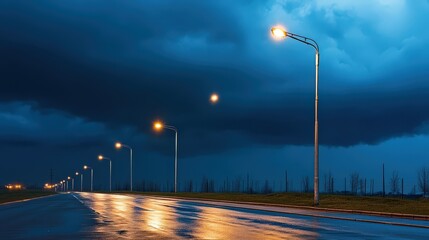 Night Road with Streetlights Under a Dramatic Sky