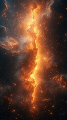 Stunning cosmic nebula illuminated by vibrant orange and gold hues set against a backdrop of distant stars