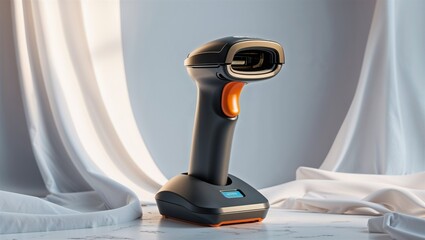 Photorealistic image of a wireless barcode label printer on a white background