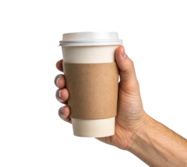 A male hand holding a takeaway paper coffee cup with a brown sleeve on a transparent background png