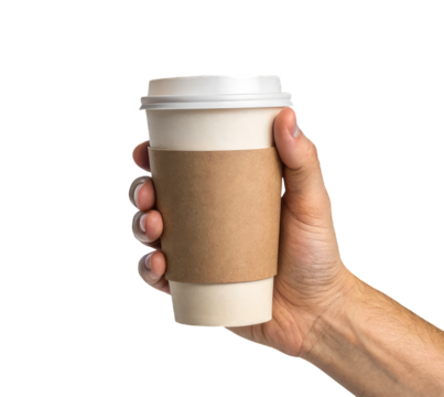 A male hand holding a takeaway paper coffee cup with a brown sleeve on a transparent background png - Powered by Adobe