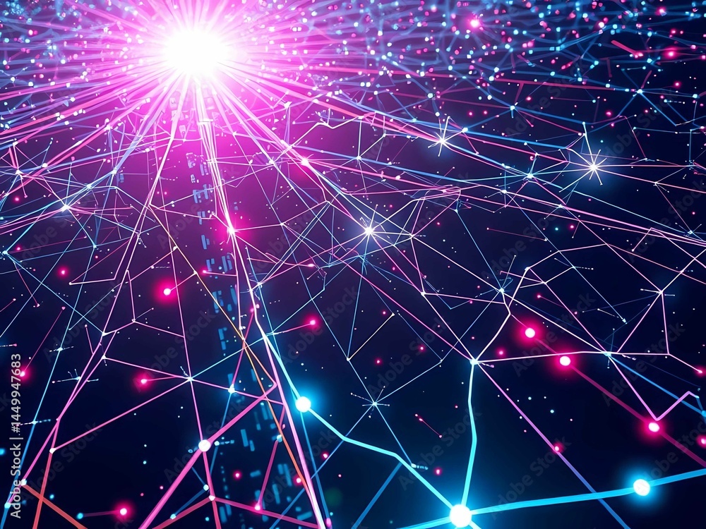 Poster a grand, abstract digital web stretches endlessly in a futuristic space, where luminous lines pulse 