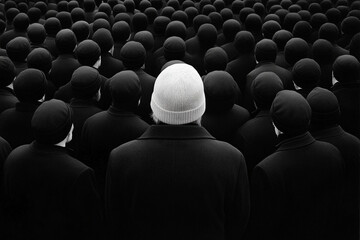 Obraz premium Strong personality stands out in a crowd of identical figures at an urban gathering