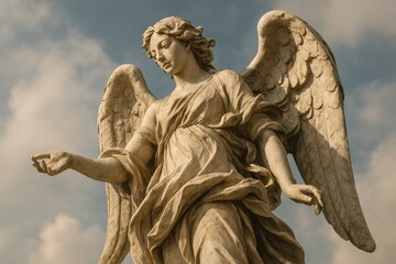 Naklejka premium Elegant angel statue under sky.