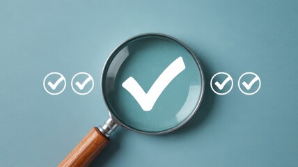 Magnifying glass focusing on a verification mark.