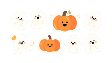 Fototapeta premium Adorable Halloween Ghost and Pumpkin Stickers Cute Fall Designs for Spooky Season