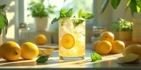 Refreshing lemon drink with mint and ice on a sunlit kitchen table with lemons around