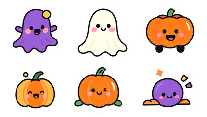 Adorable Halloween Kawaii Characters Ghost, Pumpkin, and Purple Creature Illustrations
