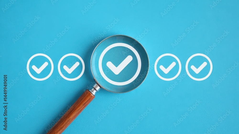 Poster magnifying glass over multiple checkmarks on a turquoise background.